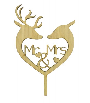 Laser Cut Oak Veneer 'Mr & Mrs' Deer & Stag Heart Cake Topper